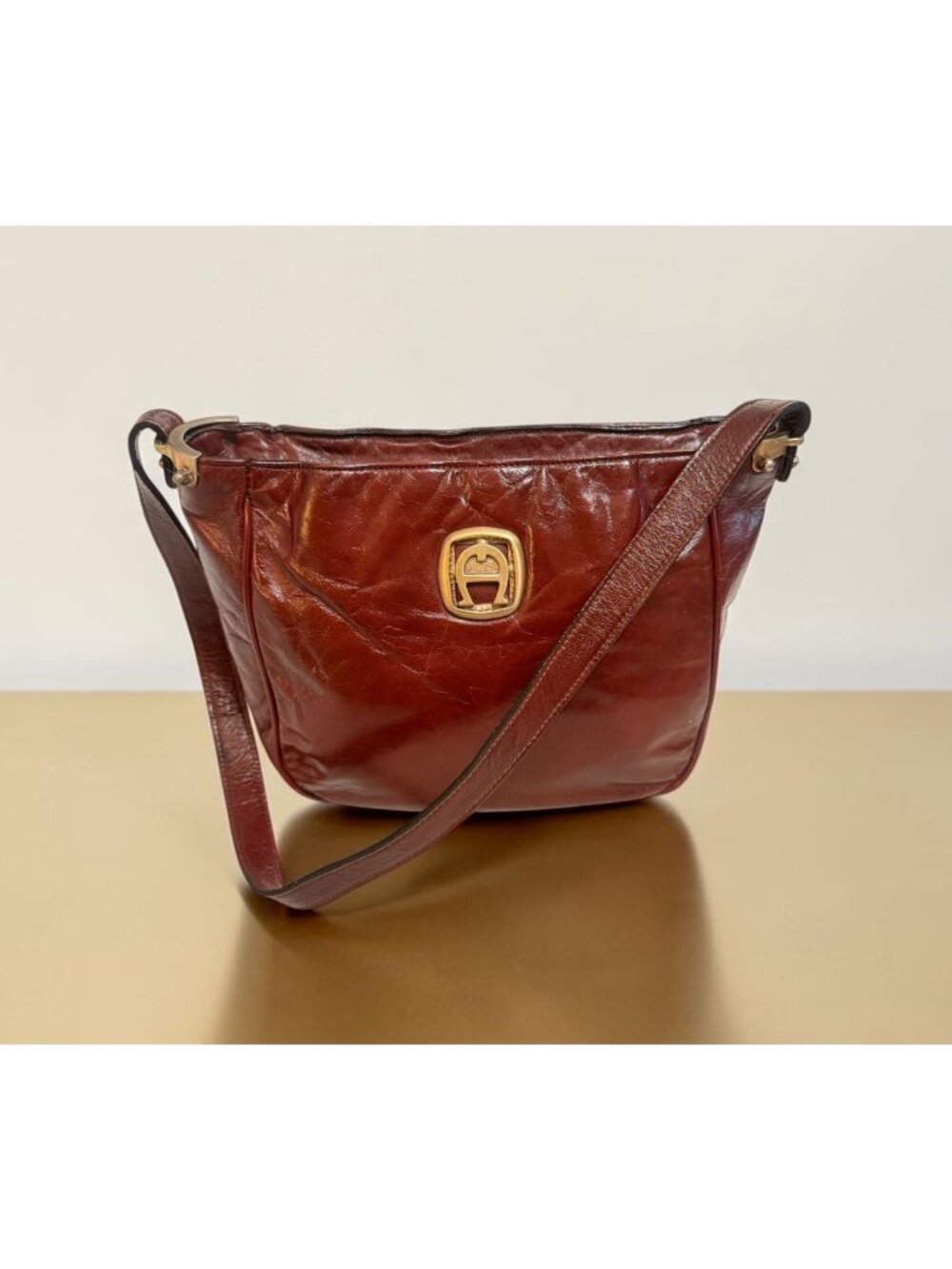 VTG Etienne Aigner Shoulder Bag Oxblood Leather Brass Logo 70s Germany Handmade